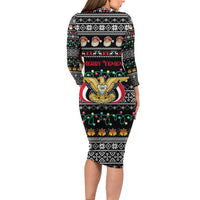 Yemen Christmas Long Sleeve Bodycon Dress with Traditional Santa Black Snowflake Pattern and Festive Lights - Wonder Print Shop
