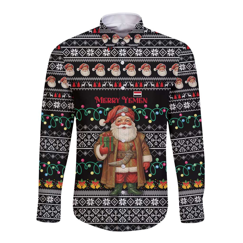 Yemen Christmas Long Sleeve Button Shirt with Traditional Santa Black Snowflake Pattern and Festive Lights - Wonder Print Shop