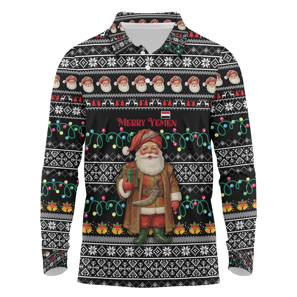 Yemen Christmas Long Sleeve Polo Shirt with Traditional Santa Black Snowflake Pattern and Festive Lights - Wonder Print Shop