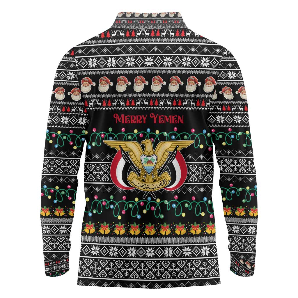 Yemen Christmas Long Sleeve Polo Shirt with Traditional Santa Black Snowflake Pattern and Festive Lights - Wonder Print Shop