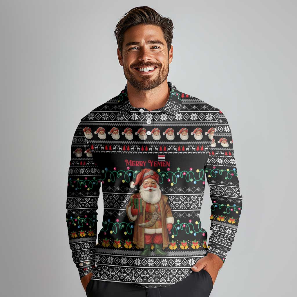 Yemen Christmas Long Sleeve Polo Shirt with Traditional Santa Black Snowflake Pattern and Festive Lights - Wonder Print Shop