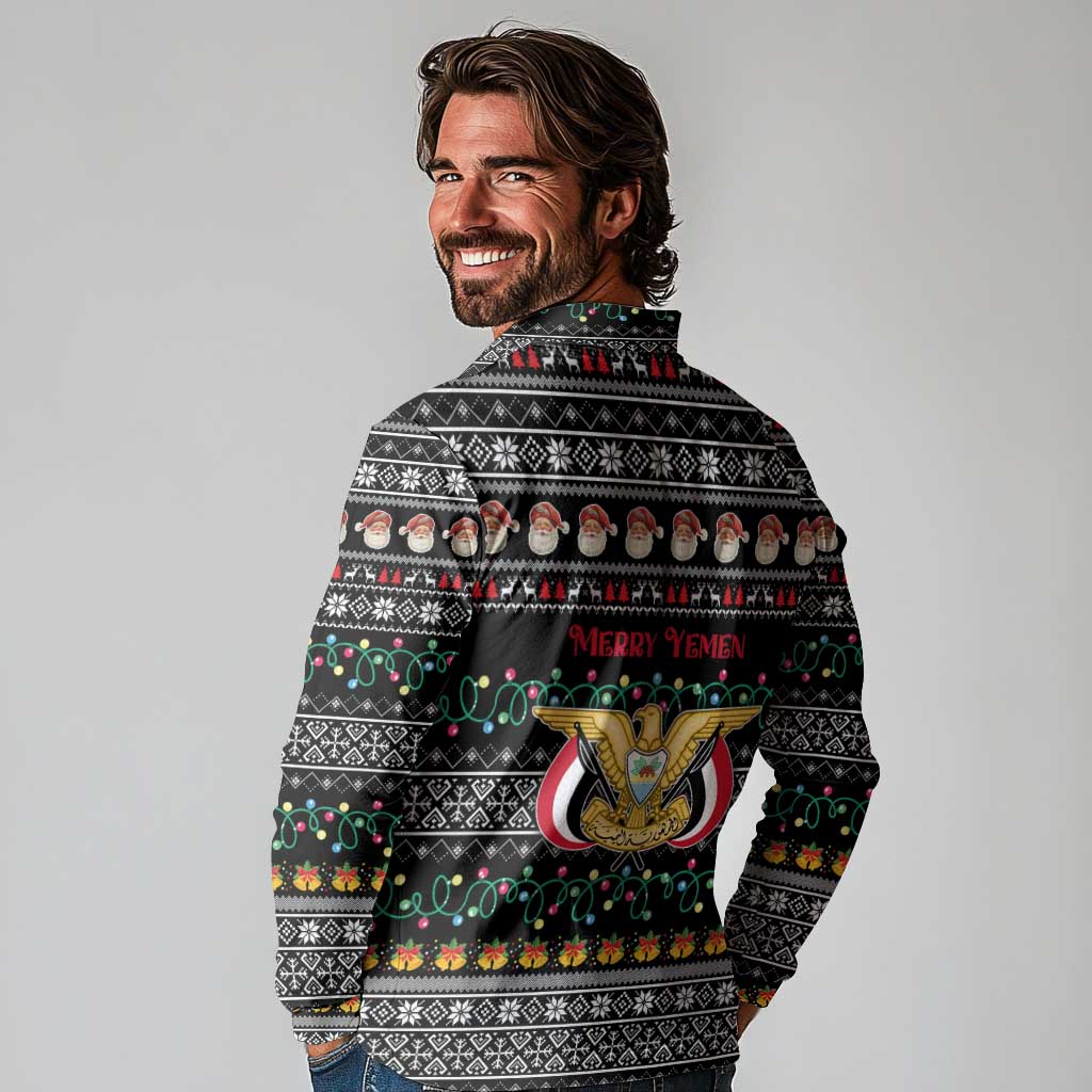 Yemen Christmas Long Sleeve Polo Shirt with Traditional Santa Black Snowflake Pattern and Festive Lights - Wonder Print Shop