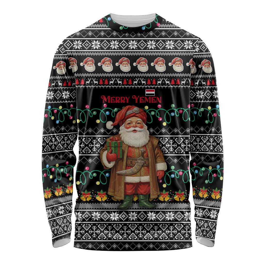Yemen Christmas Long Sleeve Shirt with Traditional Santa Black Snowflake Pattern and Festive Lights - Wonder Print Shop