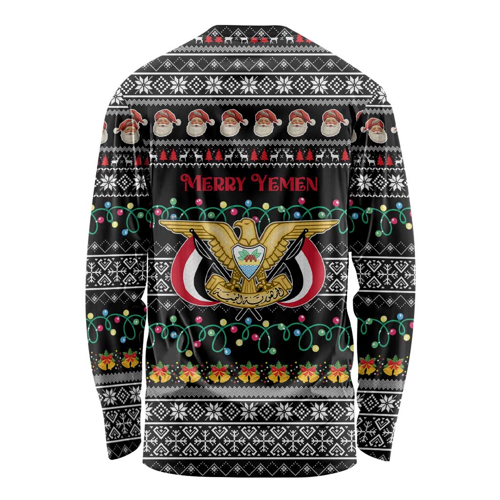Yemen Christmas Long Sleeve Shirt with Traditional Santa Black Snowflake Pattern and Festive Lights - Wonder Print Shop