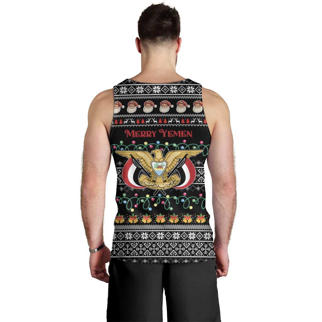 Yemen Christmas Men Tank Top with Traditional Santa Black Snowflake Pattern and Festive Lights - Wonder Print Shop