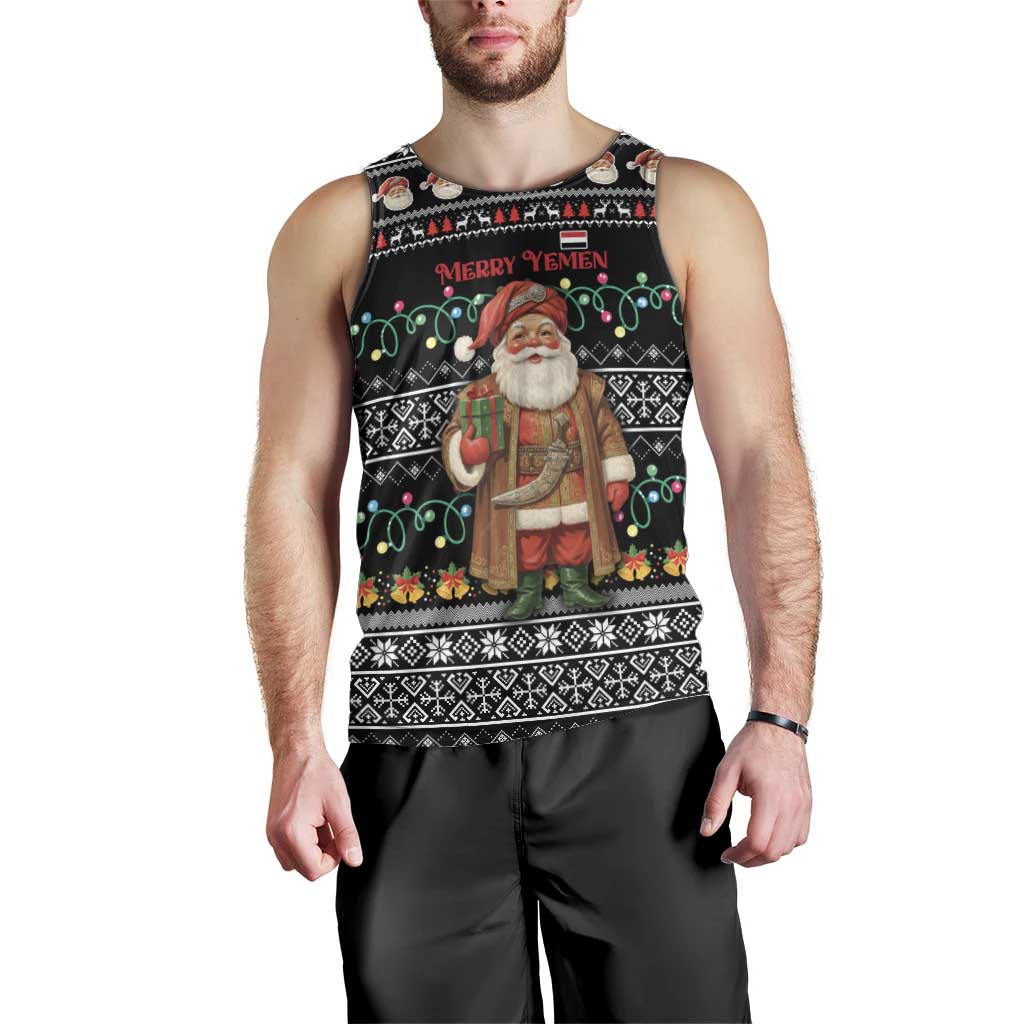 Yemen Christmas Men Tank Top with Traditional Santa Black Snowflake Pattern and Festive Lights - Wonder Print Shop