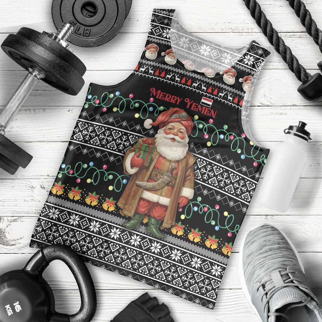 Yemen Christmas Men Tank Top with Traditional Santa Black Snowflake Pattern and Festive Lights - Wonder Print Shop