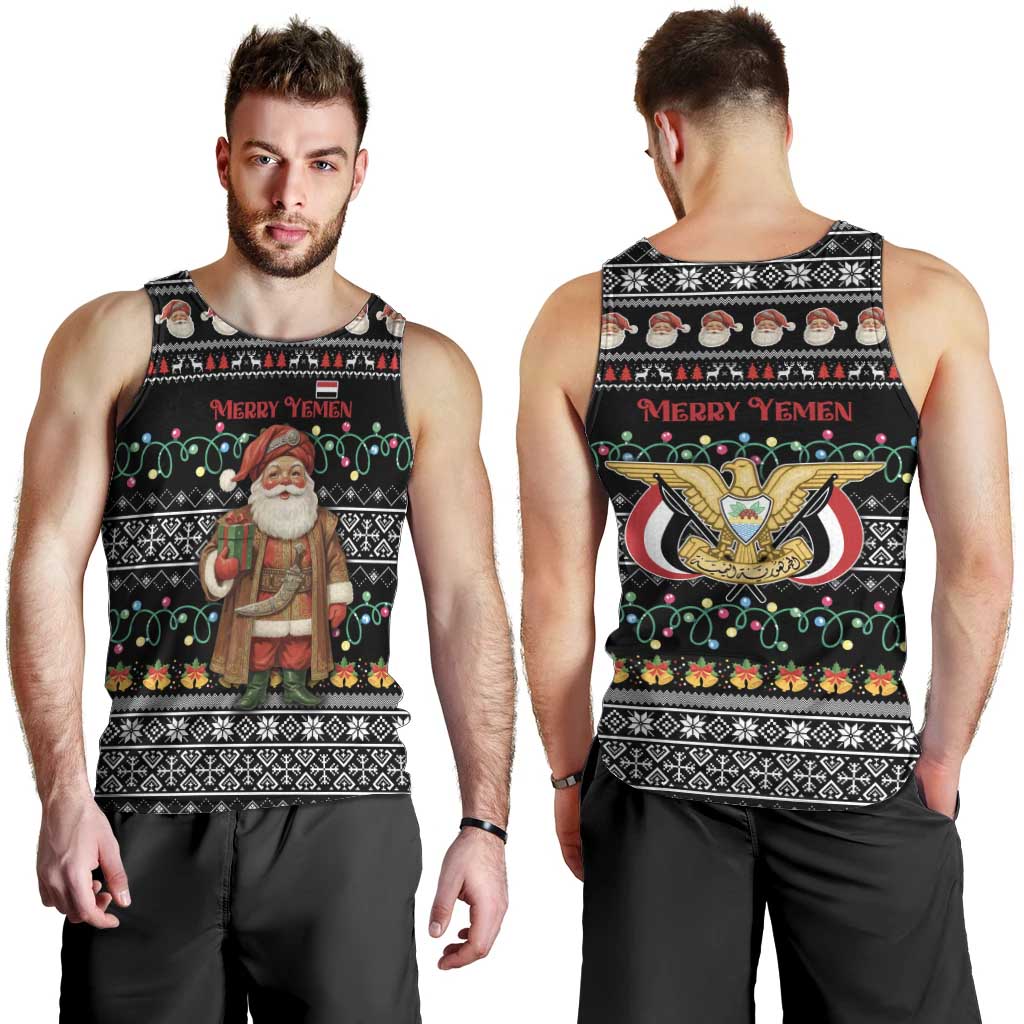 Yemen Christmas Men Tank Top with Traditional Santa Black Snowflake Pattern and Festive Lights - Wonder Print Shop