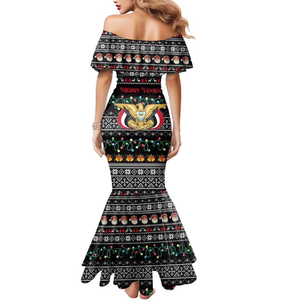 Yemen Christmas Mermaid Dress with Traditional Santa Black Snowflake Pattern and Festive Lights - Wonder Print Shop