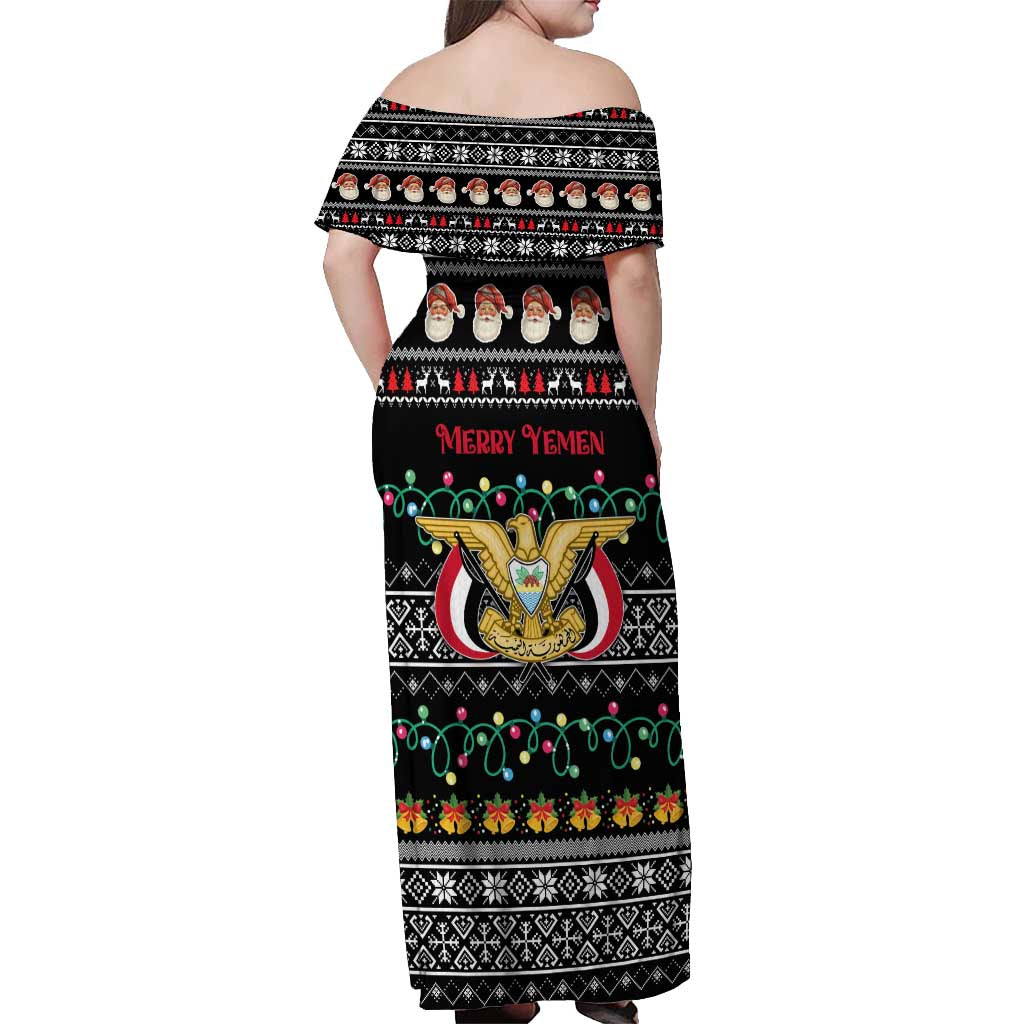 Yemen Christmas Off Shoulder Maxi Dress with Traditional Santa Black Snowflake Pattern and Festive Lights - Wonder Print Shop