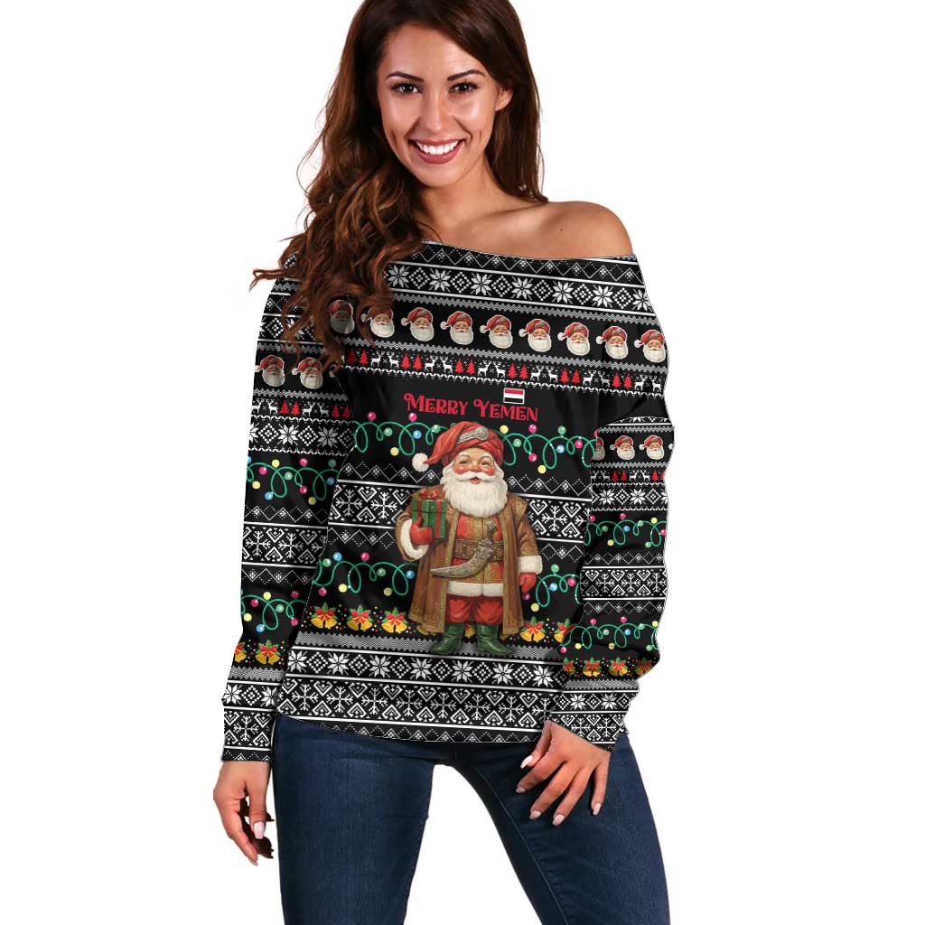 Yemen Christmas Off Shoulder Sweater with Traditional Santa Black Snowflake Pattern and Festive Lights - Wonder Print Shop