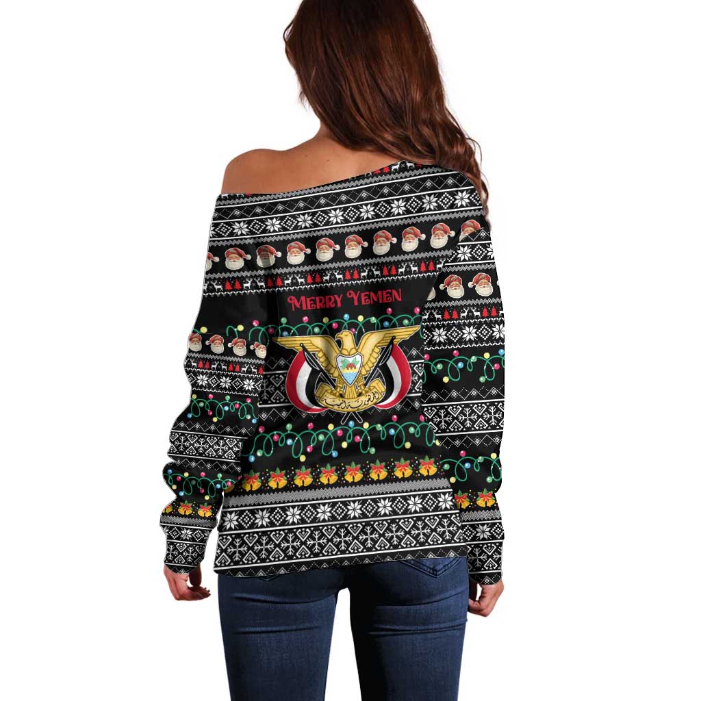 Yemen Christmas Off Shoulder Sweater with Traditional Santa Black Snowflake Pattern and Festive Lights - Wonder Print Shop
