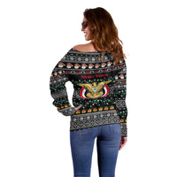 Yemen Christmas Off Shoulder Sweater with Traditional Santa Black Snowflake Pattern and Festive Lights - Wonder Print Shop