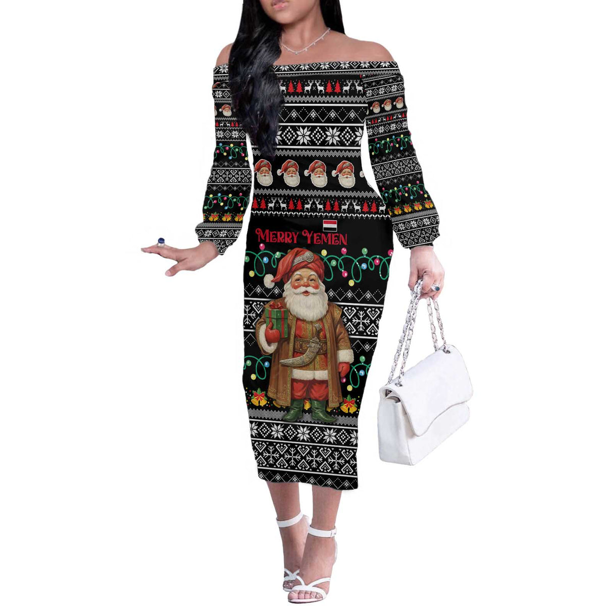 Yemen Christmas Off The Shoulder Long Sleeve Dress with Traditional Santa Black Snowflake Pattern and Festive Lights - Wonder Print Shop