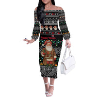 Yemen Christmas Off The Shoulder Long Sleeve Dress with Traditional Santa Black Snowflake Pattern and Festive Lights - Wonder Print Shop