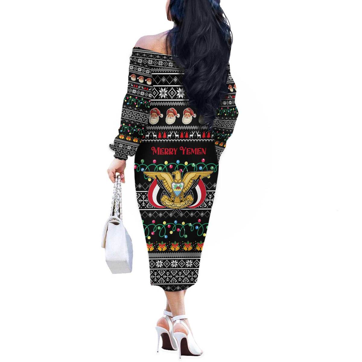 Yemen Christmas Off The Shoulder Long Sleeve Dress with Traditional Santa Black Snowflake Pattern and Festive Lights - Wonder Print Shop