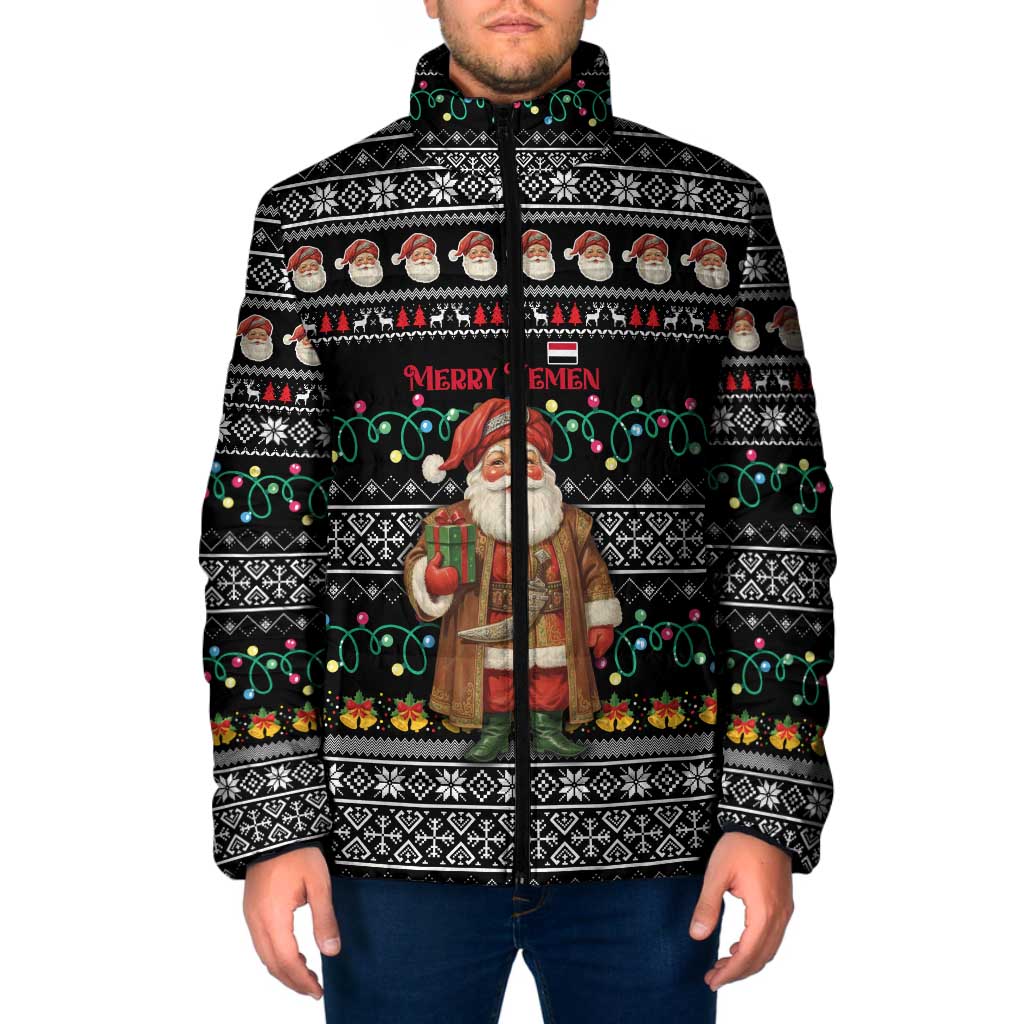 Yemen Christmas Padded Jacket with Traditional Santa Black Snowflake Pattern and Festive Lights - Wonder Print Shop