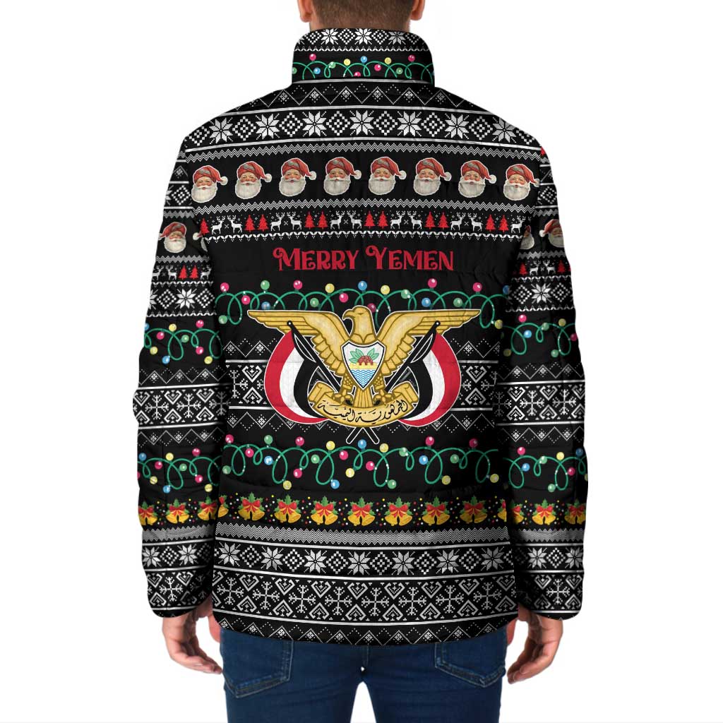 Yemen Christmas Padded Jacket with Traditional Santa Black Snowflake Pattern and Festive Lights - Wonder Print Shop