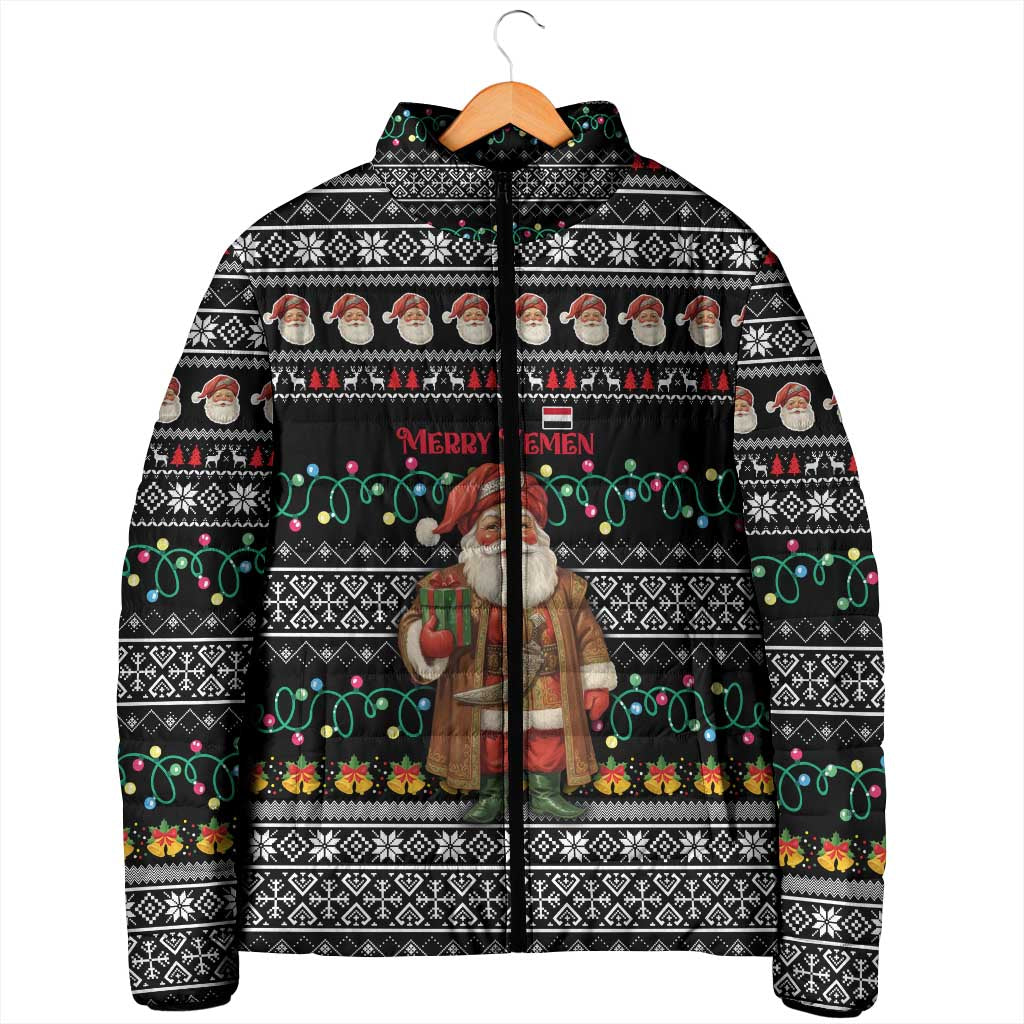 Yemen Christmas Padded Jacket with Traditional Santa Black Snowflake Pattern and Festive Lights - Wonder Print Shop