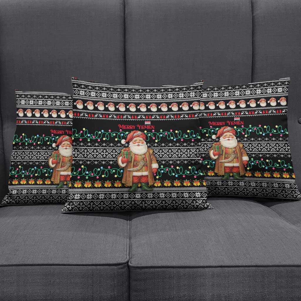 Yemen Christmas Pillow Cover with Traditional Santa Black Snowflake Pattern and Festive Lights - Wonder Print Shop