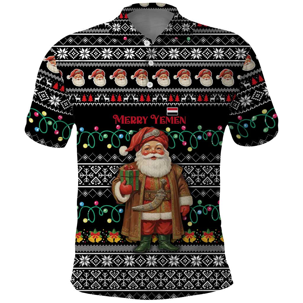 Yemen Christmas Polo Shirt with Traditional Santa Black Snowflake Pattern and Festive Lights - Wonder Print Shop