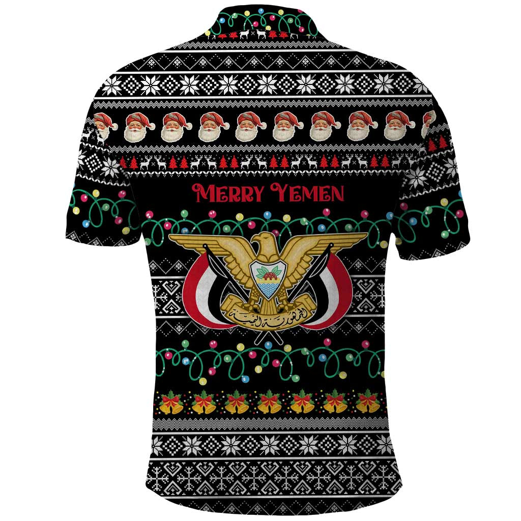 Yemen Christmas Polo Shirt with Traditional Santa Black Snowflake Pattern and Festive Lights - Wonder Print Shop
