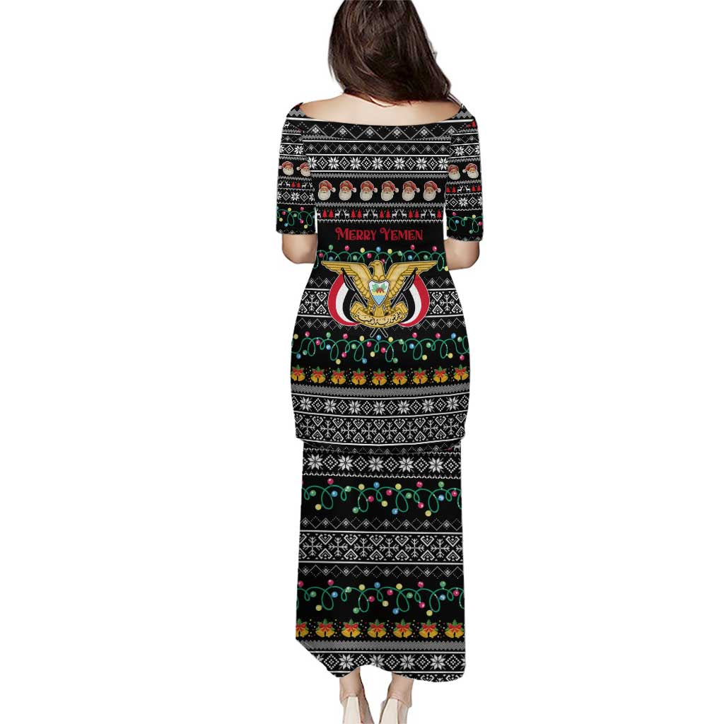 Yemen Christmas Puletasi with Traditional Santa Black Snowflake Pattern and Festive Lights - Wonder Print Shop
