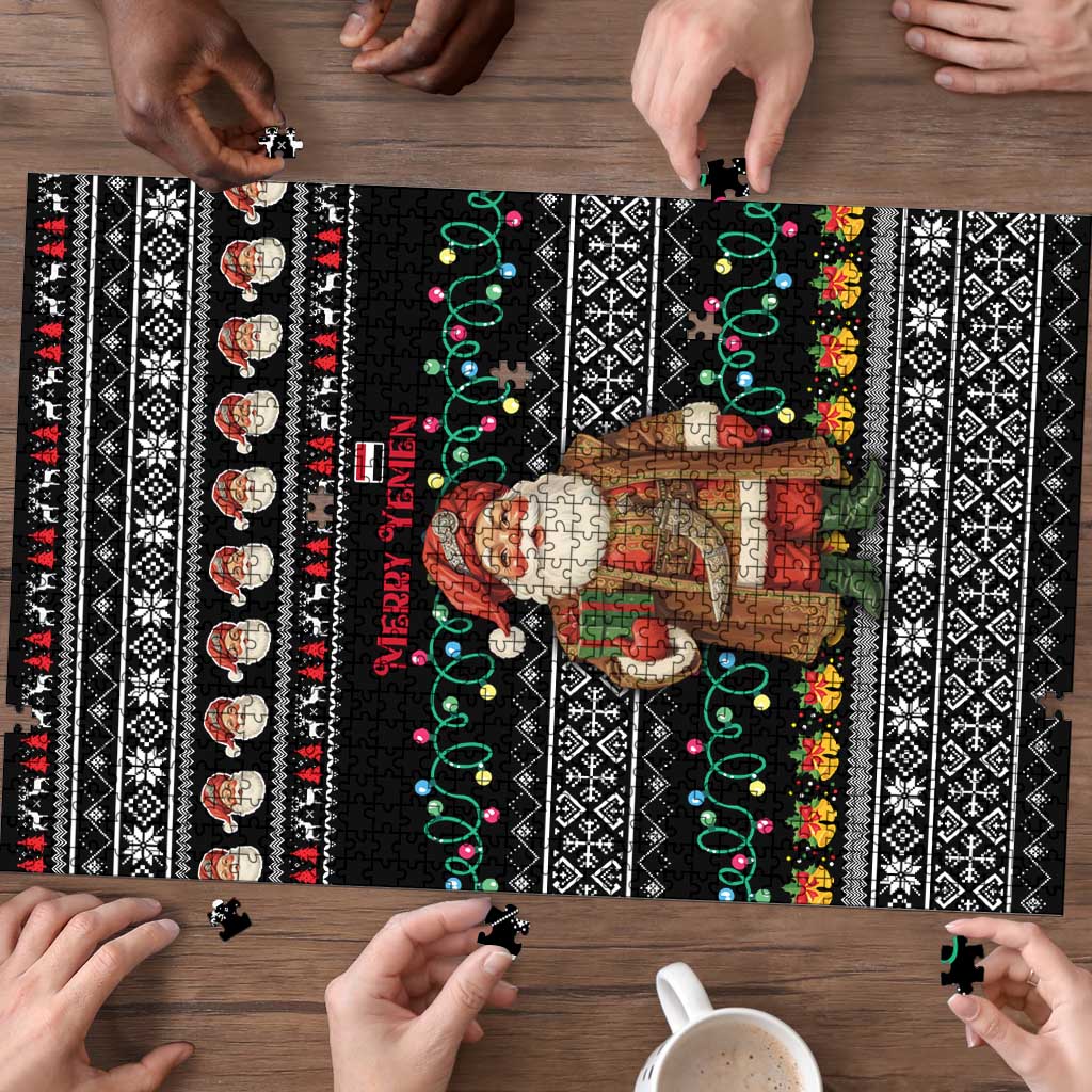 Yemen Christmas Puzzle with Traditional Santa Black Snowflake Pattern and Festive Lights - Wonder Print Shop
