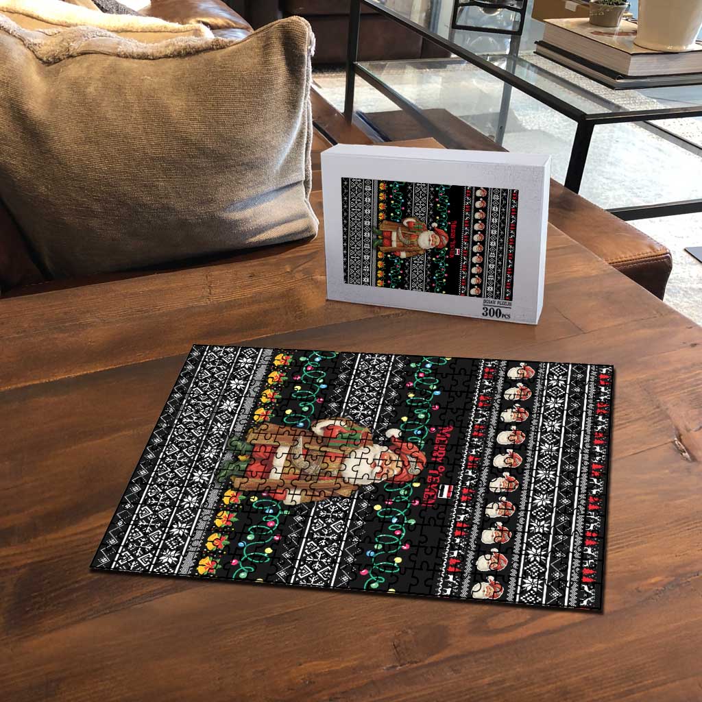 Yemen Christmas Puzzle with Traditional Santa Black Snowflake Pattern and Festive Lights - Wonder Print Shop