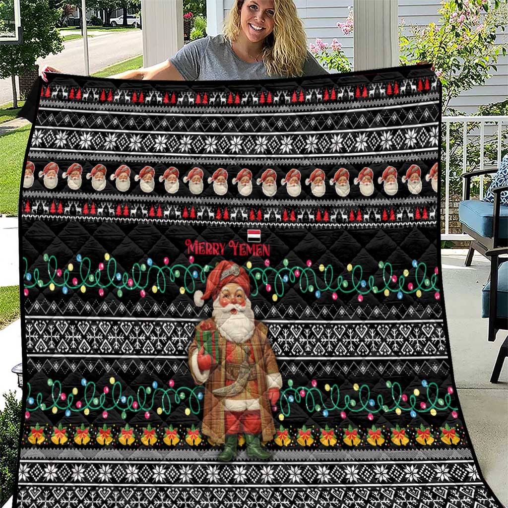 Yemen Christmas Quilt with Traditional Santa Black Snowflake Pattern and Festive Lights - Wonder Print Shop