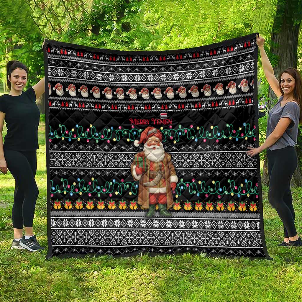 Yemen Christmas Quilt with Traditional Santa Black Snowflake Pattern and Festive Lights - Wonder Print Shop
