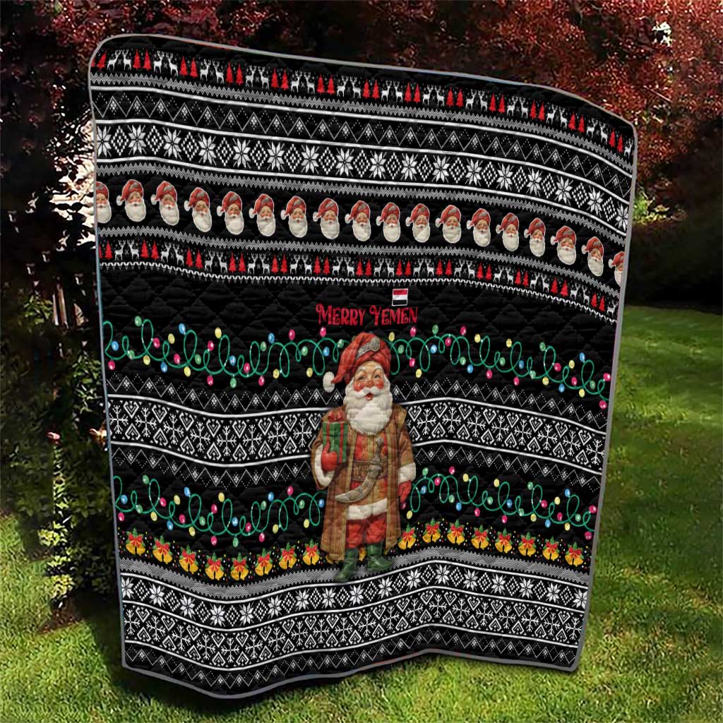 Yemen Christmas Quilt with Traditional Santa Black Snowflake Pattern and Festive Lights - Wonder Print Shop
