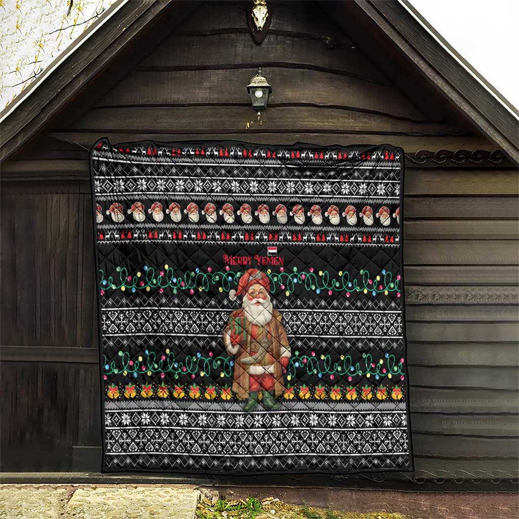 Yemen Christmas Quilt with Traditional Santa Black Snowflake Pattern and Festive Lights - Wonder Print Shop