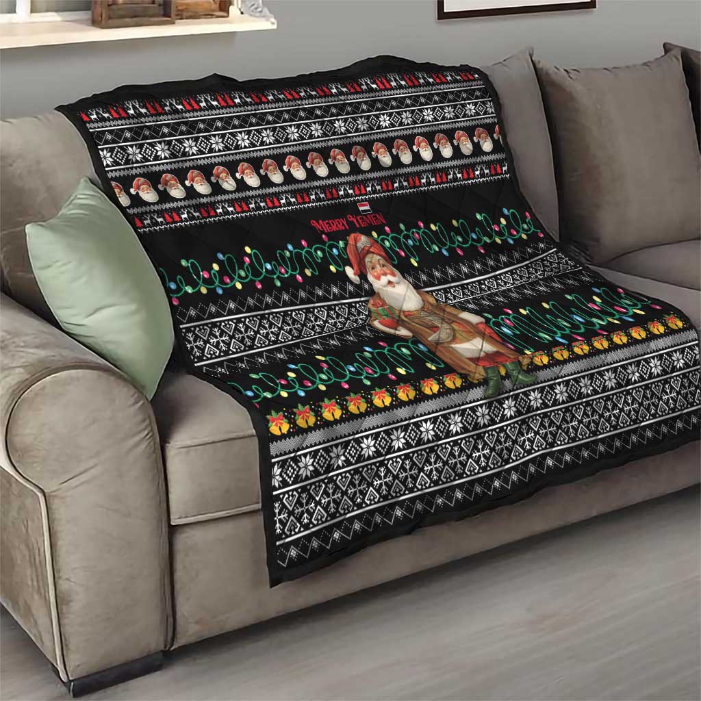 Yemen Christmas Quilt with Traditional Santa Black Snowflake Pattern and Festive Lights - Wonder Print Shop