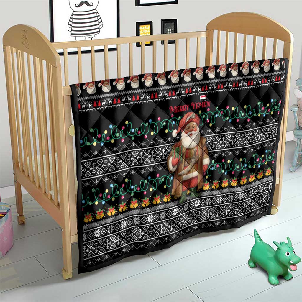 Yemen Christmas Quilt with Traditional Santa Black Snowflake Pattern and Festive Lights - Wonder Print Shop