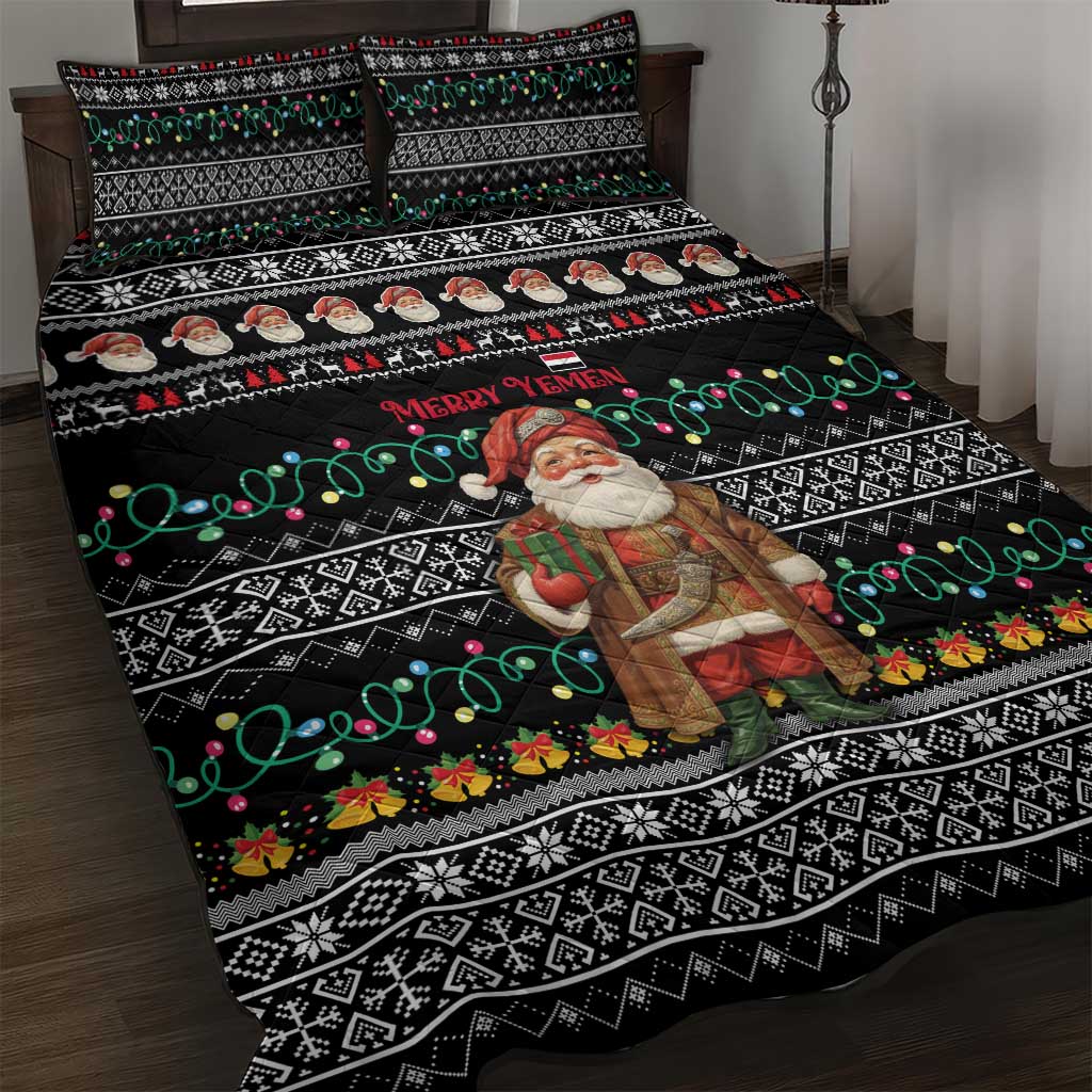 Yemen Christmas Quilt Bed Set with Traditional Santa Black Snowflake Pattern and Festive Lights - Wonder Print Shop