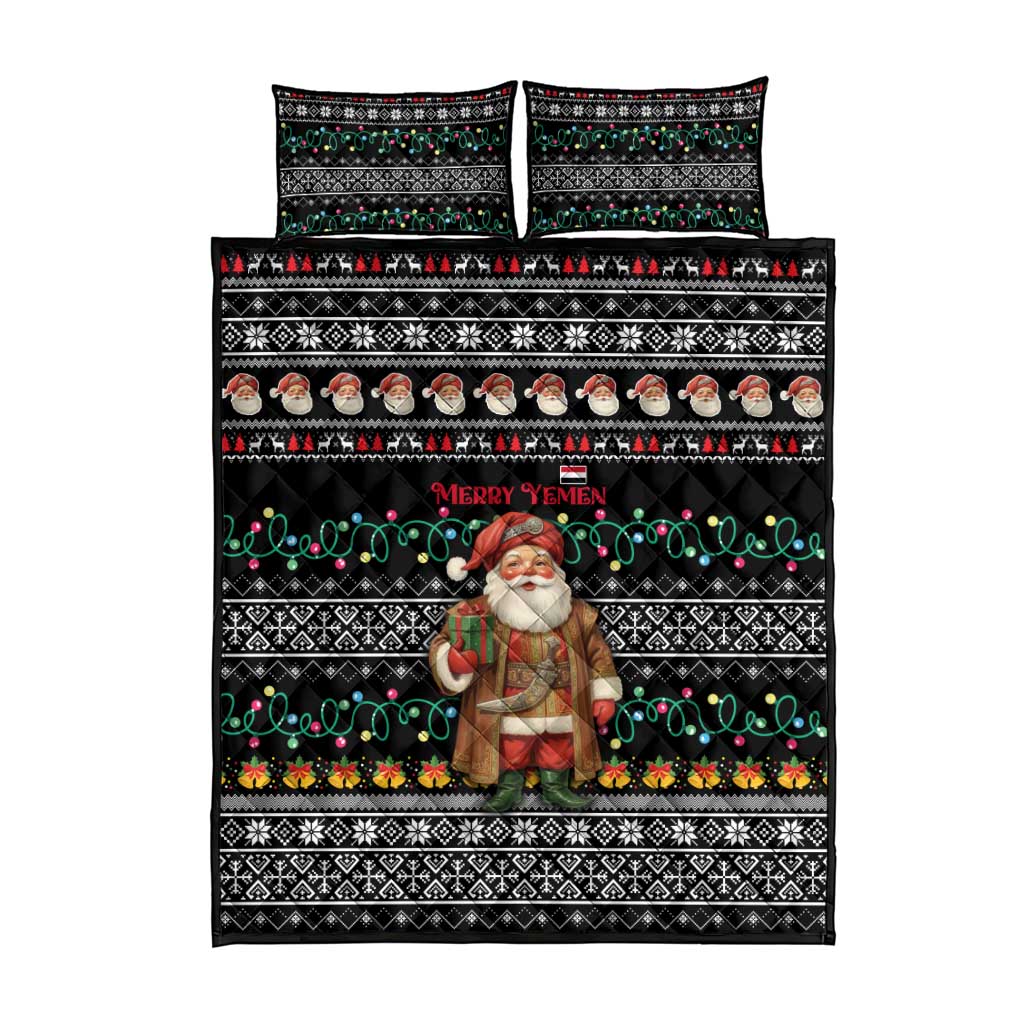 Yemen Christmas Quilt Bed Set with Traditional Santa Black Snowflake Pattern and Festive Lights - Wonder Print Shop