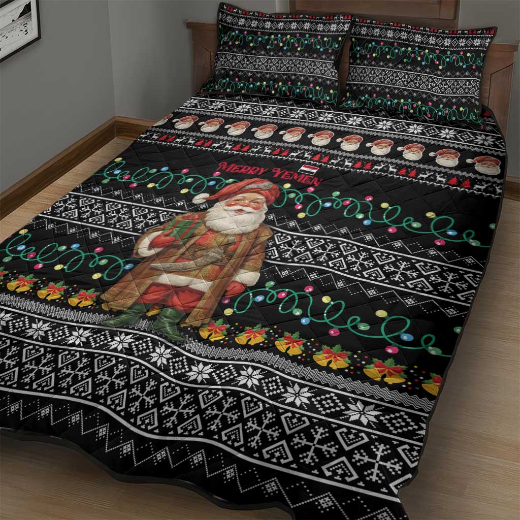 Yemen Christmas Quilt Bed Set with Traditional Santa Black Snowflake Pattern and Festive Lights - Wonder Print Shop