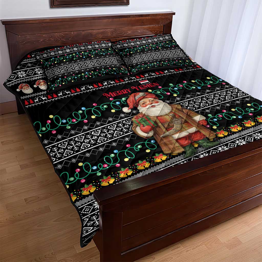 Yemen Christmas Quilt Bed Set with Traditional Santa Black Snowflake Pattern and Festive Lights - Wonder Print Shop