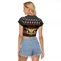 Yemen Christmas Raglan Cropped T Shirt with Traditional Santa Black Snowflake Pattern and Festive Lights - Wonder Print Shop