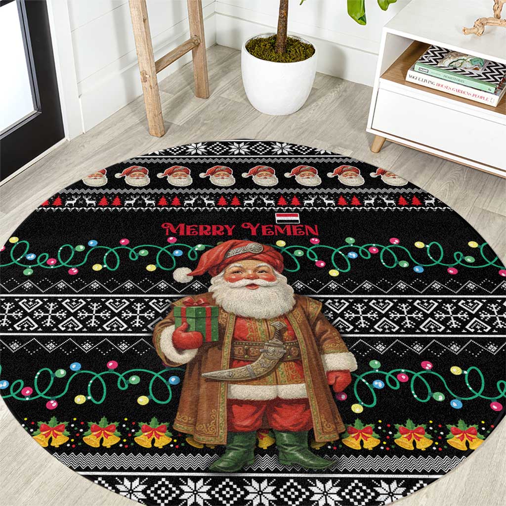 Yemen Christmas Round Carpet with Traditional Santa Black Snowflake Pattern and Festive Lights - Wonder Print Shop