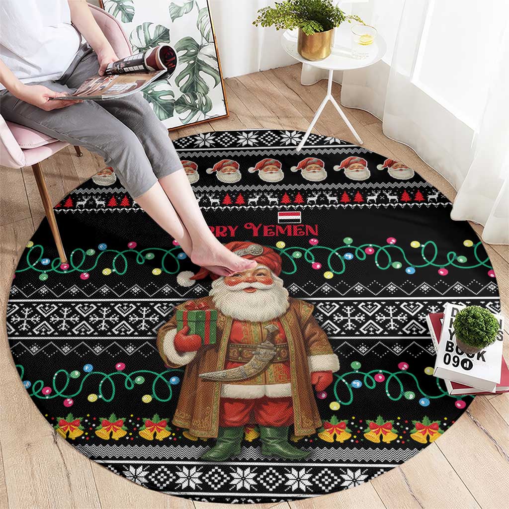 Yemen Christmas Round Carpet with Traditional Santa Black Snowflake Pattern and Festive Lights - Wonder Print Shop