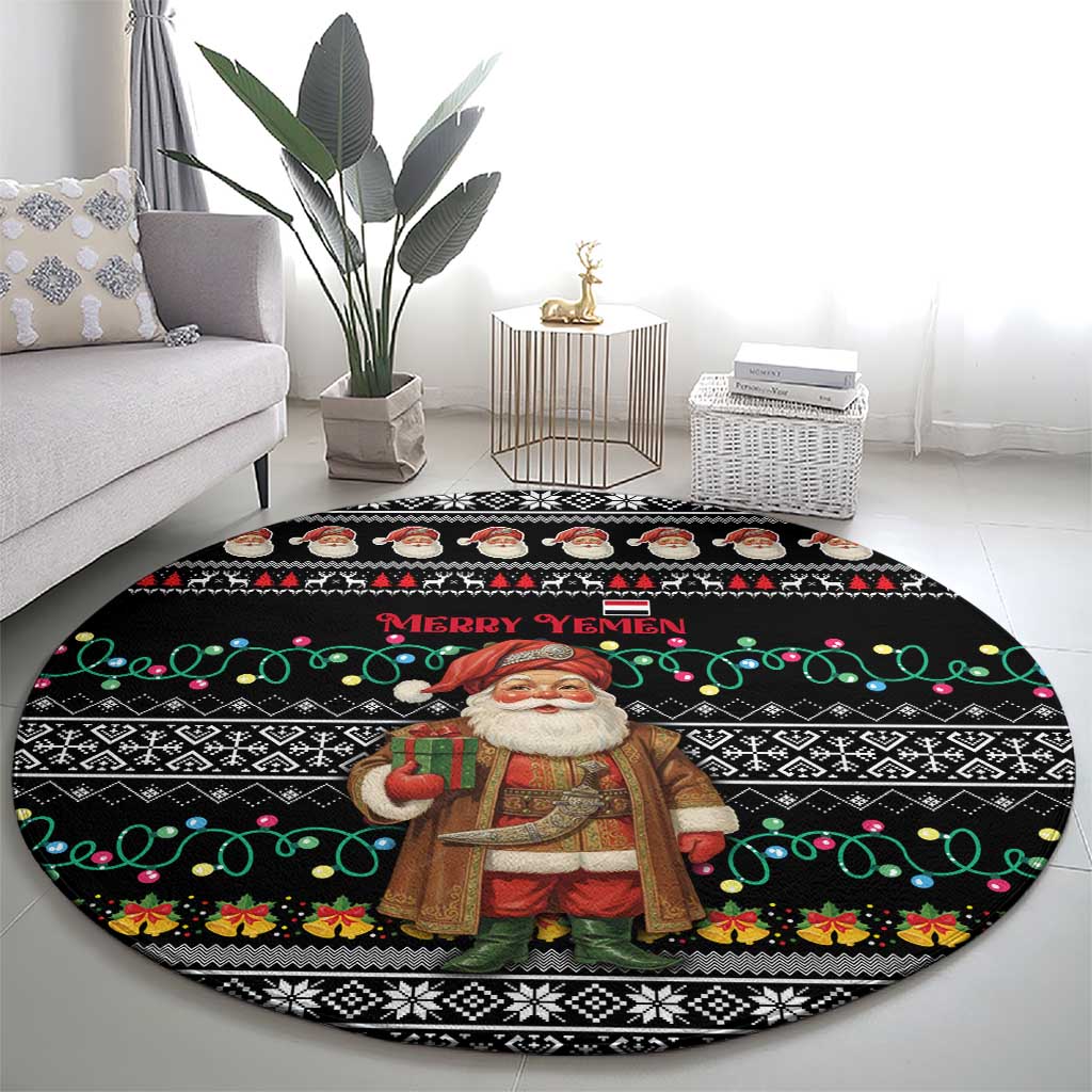 Yemen Christmas Round Carpet with Traditional Santa Black Snowflake Pattern and Festive Lights - Wonder Print Shop