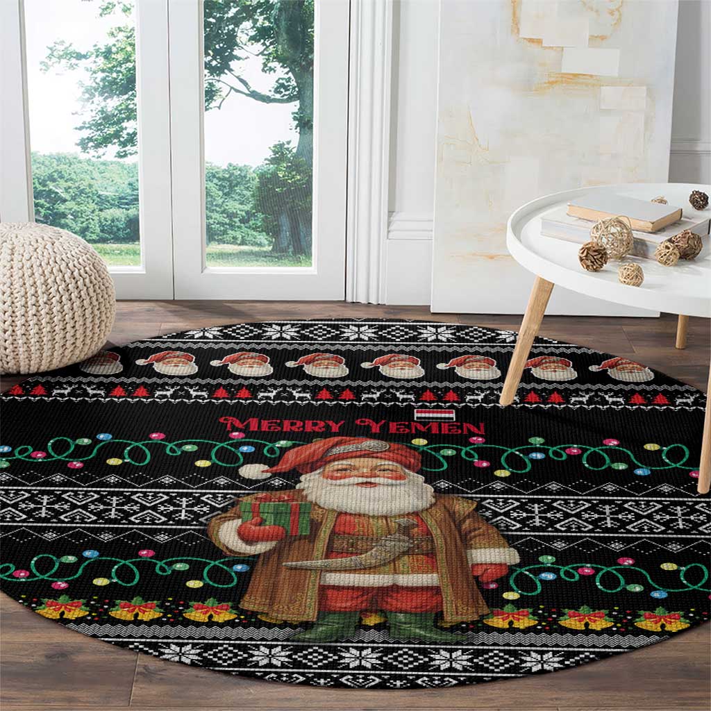 Yemen Christmas Round Carpet with Traditional Santa Black Snowflake Pattern and Festive Lights - Wonder Print Shop