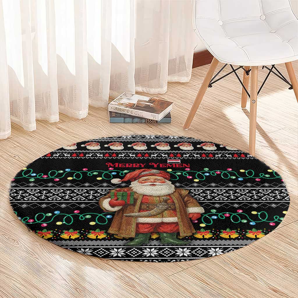 Yemen Christmas Round Carpet with Traditional Santa Black Snowflake Pattern and Festive Lights - Wonder Print Shop