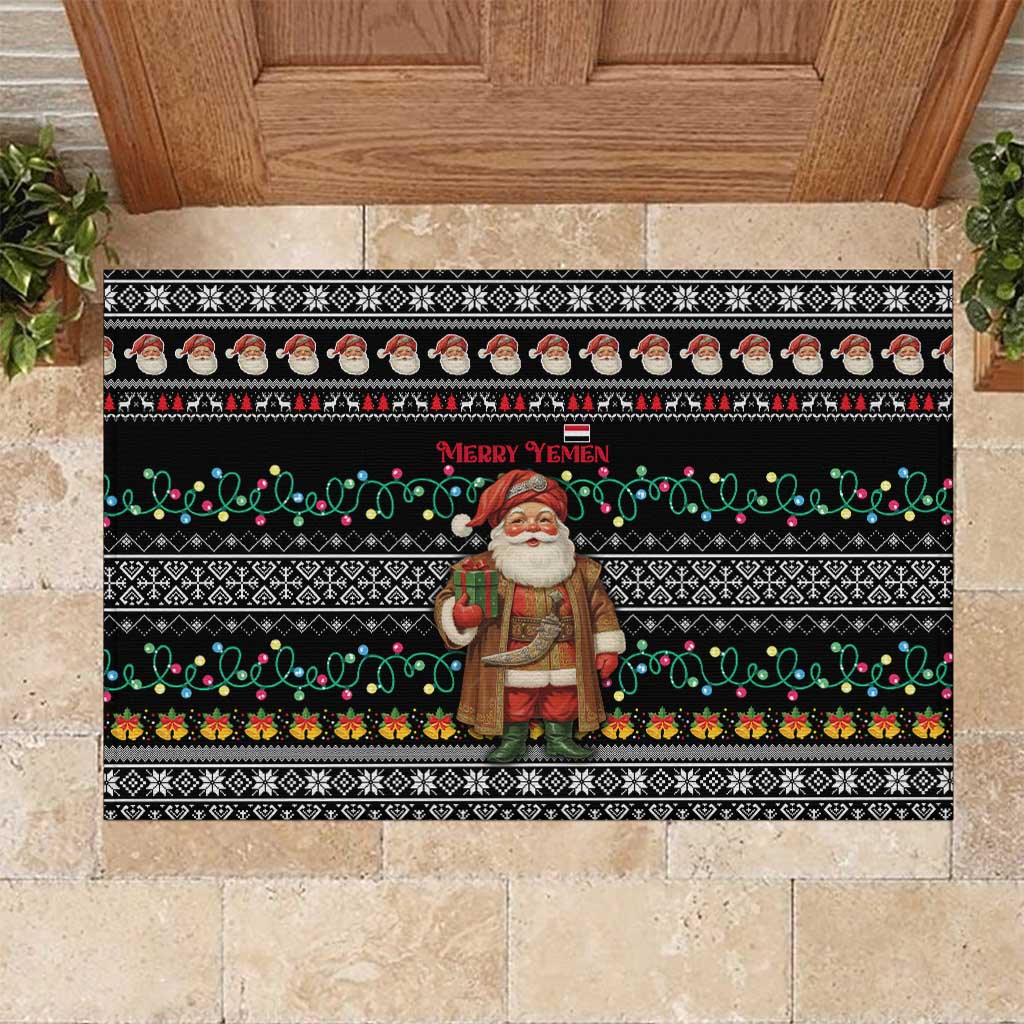 Yemen Christmas Rubber Doormat with Traditional Santa Black Snowflake Pattern and Festive Lights - Wonder Print Shop