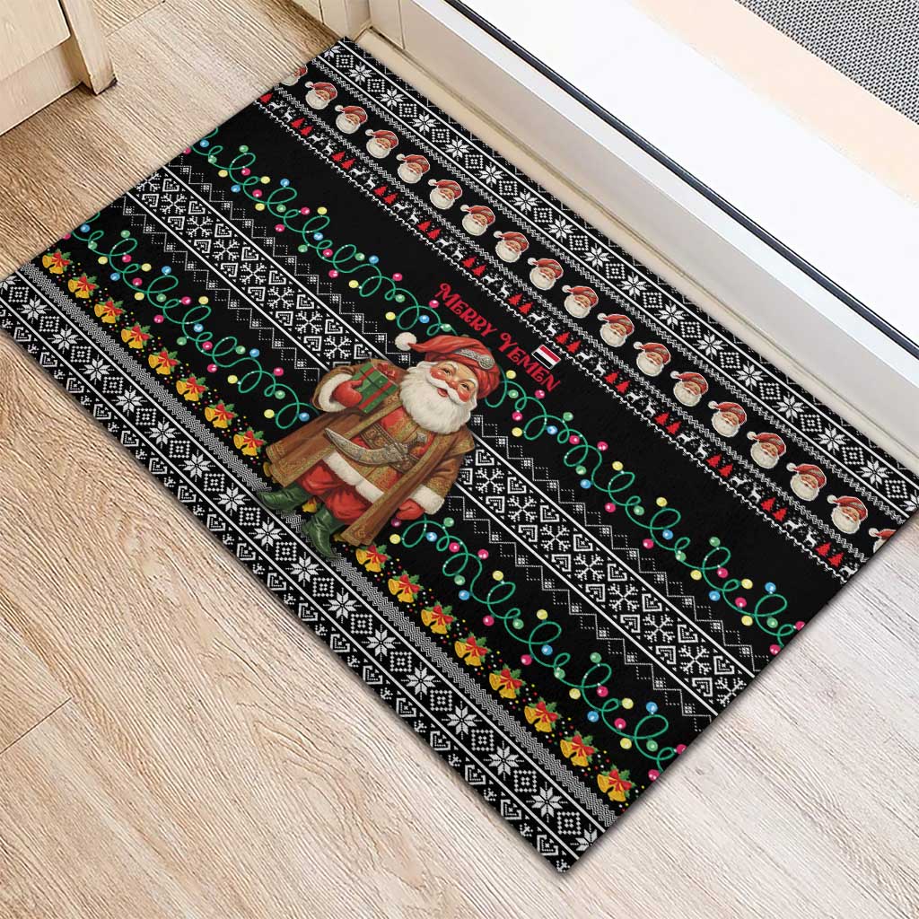 Yemen Christmas Rubber Doormat with Traditional Santa Black Snowflake Pattern and Festive Lights - Wonder Print Shop