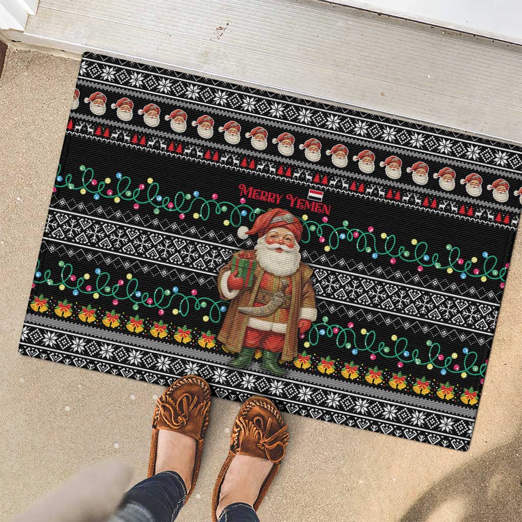 Yemen Christmas Rubber Doormat with Traditional Santa Black Snowflake Pattern and Festive Lights - Wonder Print Shop