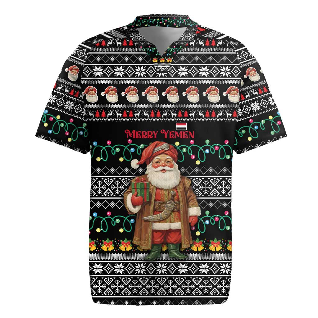 Yemen Christmas Rugby Jersey with Traditional Santa Black Snowflake Pattern and Festive Lights - Wonder Print Shop