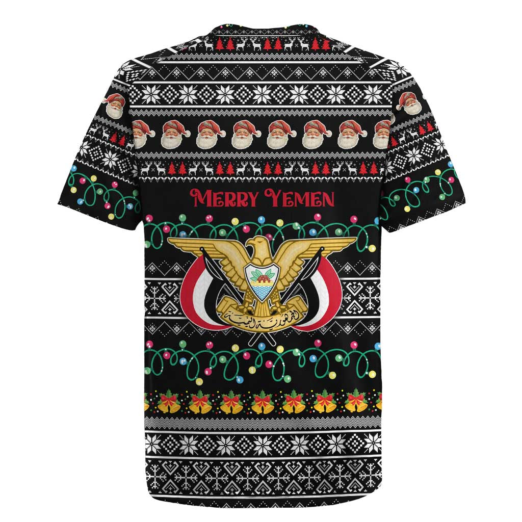 Yemen Christmas Rugby Jersey with Traditional Santa Black Snowflake Pattern and Festive Lights - Wonder Print Shop